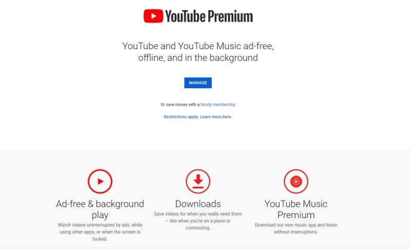 I servizi relativi all'abbonamento YouTube Premium.