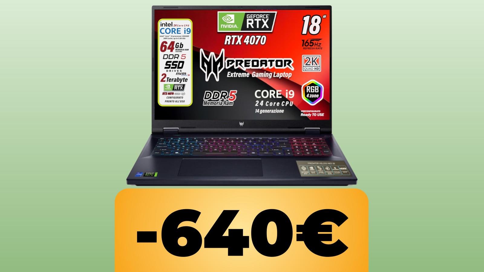 Acer Predator Helios Neo con RTX 4070 in sconto su Amazon