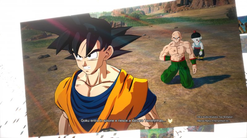 Goku salva Tenshinhan e Jiaozi durante uno dei suoi Episodi Sparking in Dragon Ball: Sparking! Zero