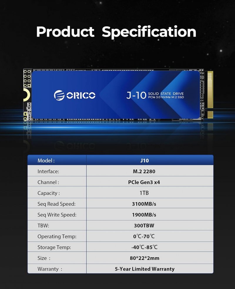 Le specifiche dell'SSD NVMe Orico J-10 Le specifiche dell'SSD NVMe Orico J-10