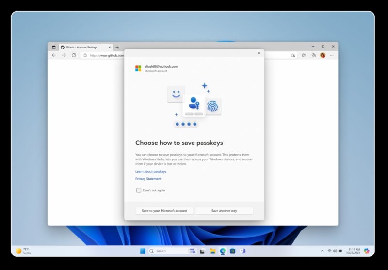 Una schermata sull'uso delle passkey dall'ultimo aggiornamento di Windows 11 Una schermata sull'uso delle passkey dall'ultimo aggiornamento di Windows 11