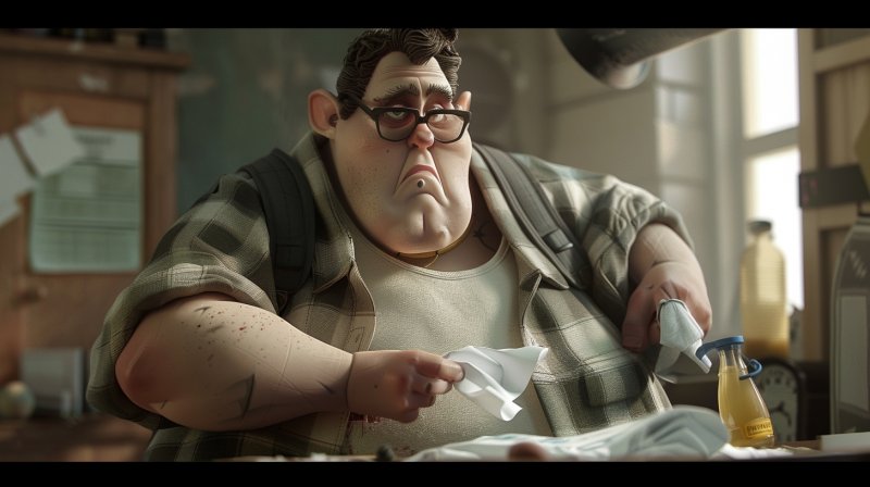 Un nerd triste con un fazzoletto in mano