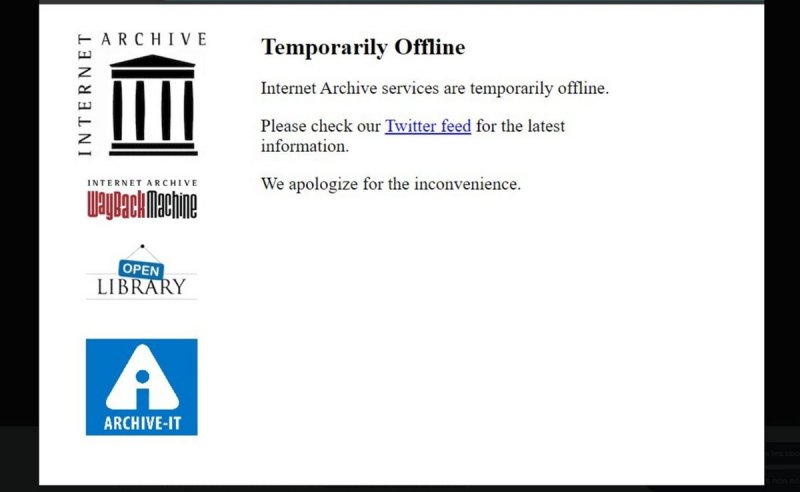 L'avviso che ha segnalato Wayback Machine offline.