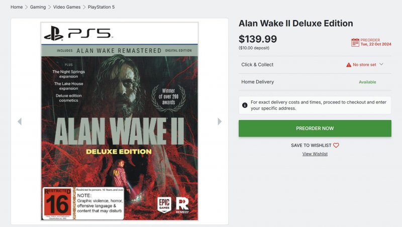 La pagina di EB Games con l'uscita della Deluxe Edition di Alan Wake 2. Il prezzo è in dollari australiani, occhio