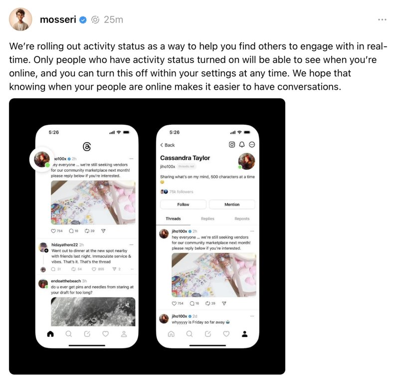 Il post fatto da Adam Mosseri, capo di Threads.