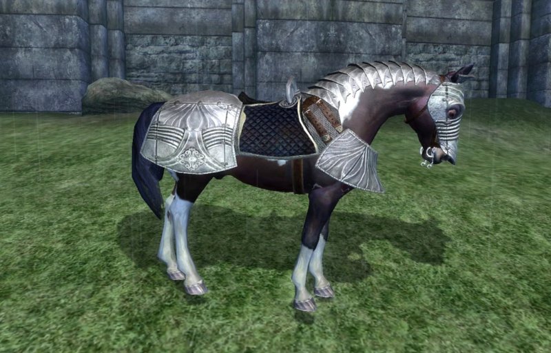Uno dei cavalli di Oblivion con corazza del DLC Uno dei cavalli di Oblivion con corazza del DLC