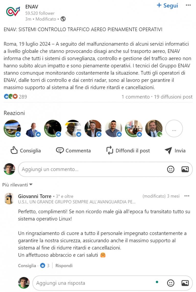 Il post di ENAV del 19 luglio 2024 Il post di ENAV del 19 luglio 2024
