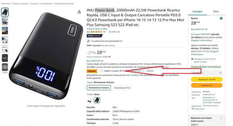 Dove attivare il coupon sulla pagina di Amazon Italia per la Power Bank Dove attivare il coupon sulla pagina di Amazon Italia per la Power Bank