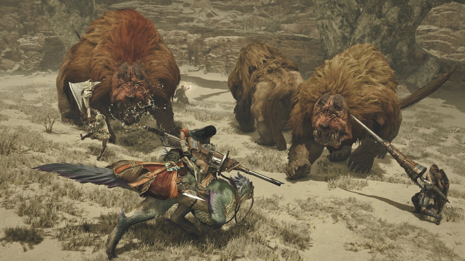 Dei cacciatori di Monster Hunter Wilds alle prese con un branco di Doshaguma