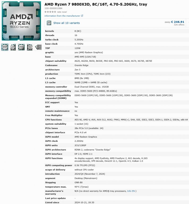 Le specifiche complete della CPU AMD Ryzen 7 9800X3D come riportate da Geizhals Le specifiche complete della CPU AMD Ryzen 7 9800X3D come riportate da Geizhals