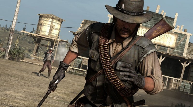 John Marston alla ricerca di un riparo durante una sparatoria John Marston alla ricerca di un riparo durante una sparatoria