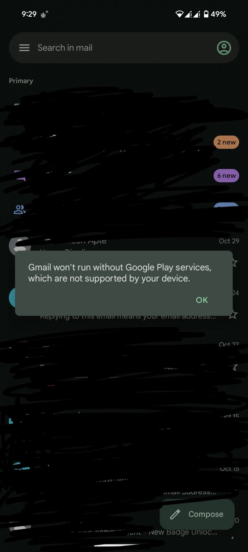 La schermata di errore di Gmail. La schermata di errore di Gmail.