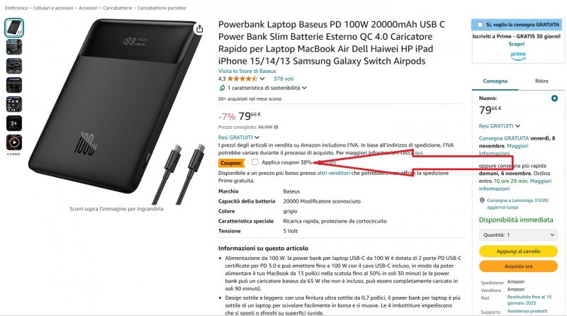 Dove attivare il coupon sulla pagina di Amazon Italia per la powerbank Dove attivare il coupon sulla pagina di Amazon Italia per la powerbank