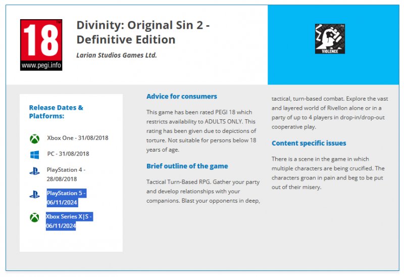 La classificazione del PEGI per Divinity: Original Sin 2 su PS5 e Xbox Series X|S La classificazione del PEGI per Divinity: Original Sin 2 su PS5 e Xbox Series X|S