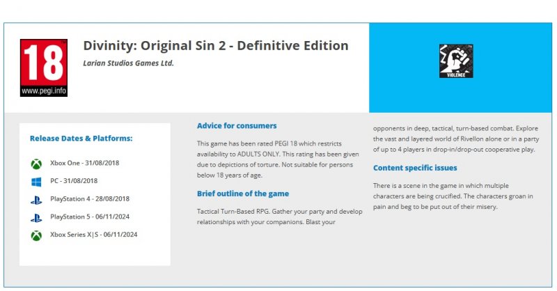 La pagina del PEGI con la classificazione di Divinity: Original Sin II - Definitive Edition La pagina del PEGI con la classificazione di Divinity: Original Sin II - Definitive Edition