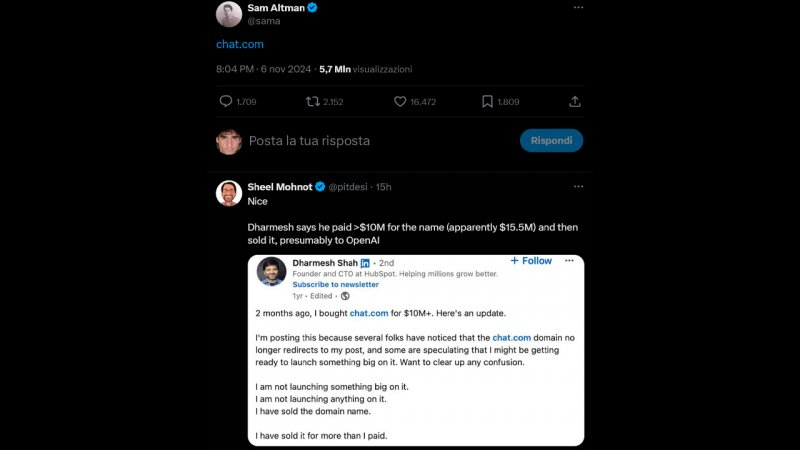 Il post che ha annunciato l'acquisto del dominio chat.com