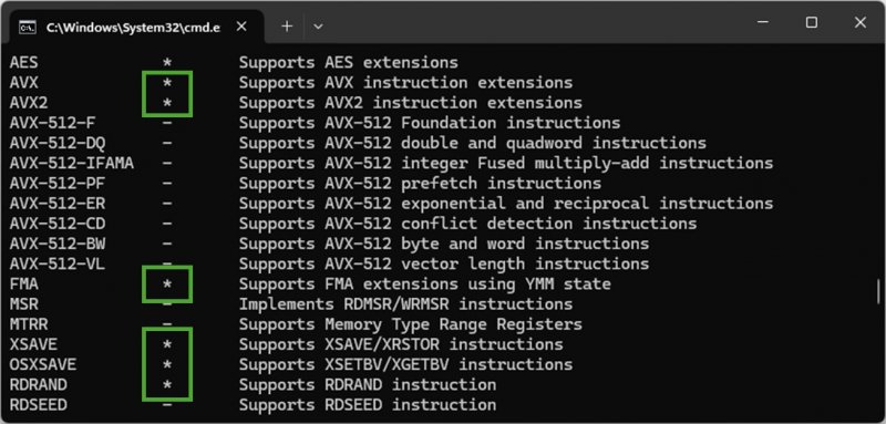 Alcune delle nuove funzionalità nell'output di uno strumento come Coreinfo64.exe con le funzionalità della CPU evidenziate sopra in verde Alcune delle nuove funzionalità nell'output di uno strumento come Coreinfo64.exe con le funzionalità della CPU evidenziate sopra in verde