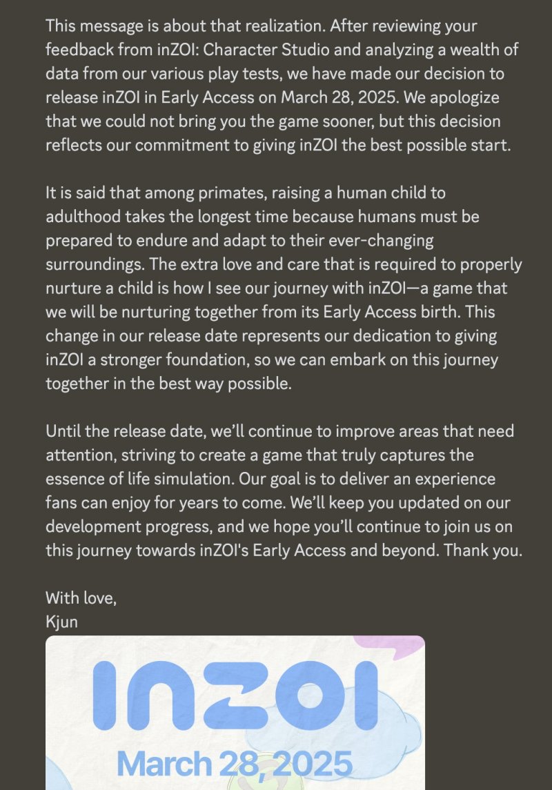 Il messaggio del team di inZOI con la data di uscita in accesso anticipato