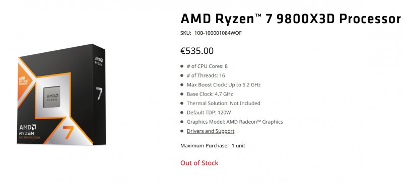 Anche sulla pagina ufficiale la CPU AMD Ryzen 7 9800X3D è segnata come 'Out of Stock'