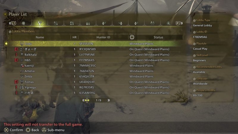 Le lobby di Monster Hunter Wilds potranno contenere ben 100 giocatori. Tuttavia non sarà l'unica lista di giocatori, vista la presenza di gruppi collegamento e collegamenti ambientali Le lobby di Monster Hunter Wilds potranno contenere ben 100 giocatori. Tuttavia non sarà l'unica lista di giocatori, vista la presenza di gruppi collegamento e collegamenti ambientali