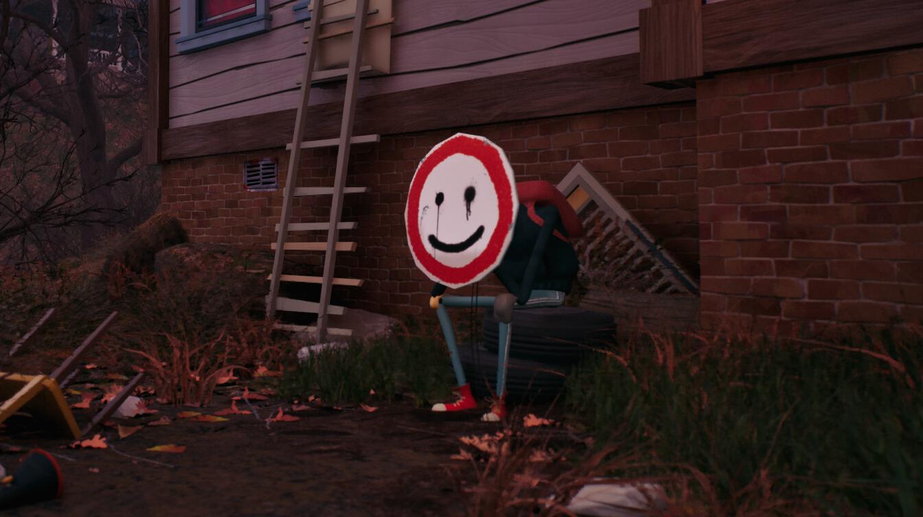 Un personaggio di Hello Neighbor 3 con un cartello stradale come faccia