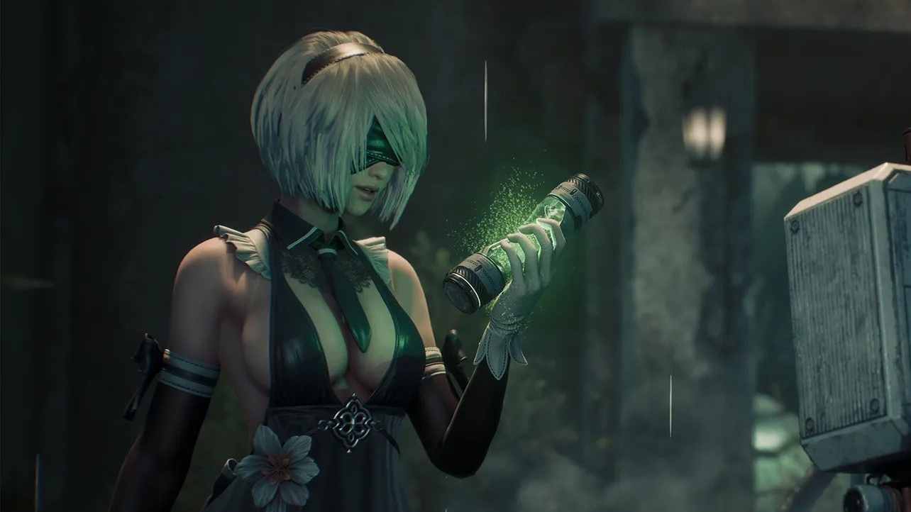 Eve di Stellar Blade con un costume da 2B di Nier Automata con in mano un flacone verde