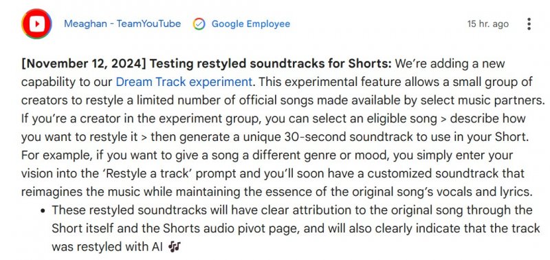 Il post sulla pagina di supporto Google che annuncia la nuova sperimentazione