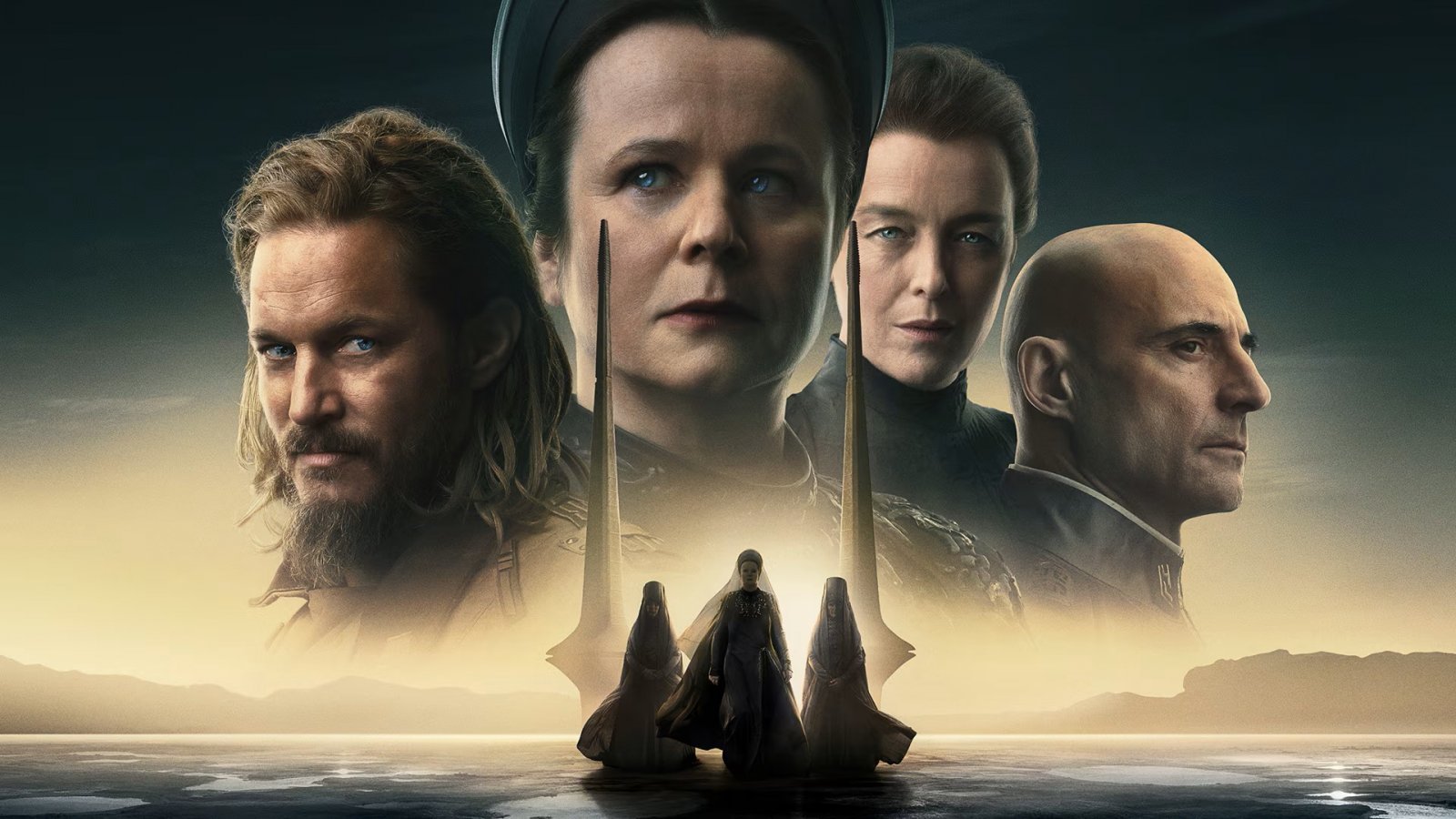 Emily Watson, Travis Fimmel, Mark Strong e Olivia Williams nell'immagine di copertina di Dune: Prophecy