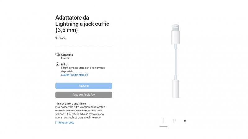La pagina dell'adattatore da Lightning a jack da 3,5 mm sul sito Apple italiano