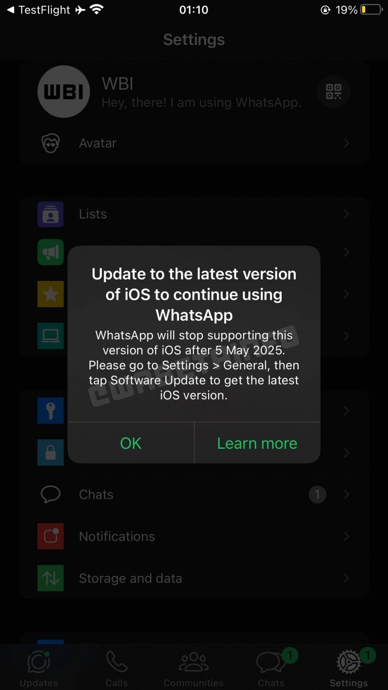 La notifica che segnala il fine del supporto di WhatsApp ai vecchi iPhone, credit: wabetainfo La notifica che segnala il fine del supporto di WhatsApp ai vecchi iPhone, credit: wabetainfo