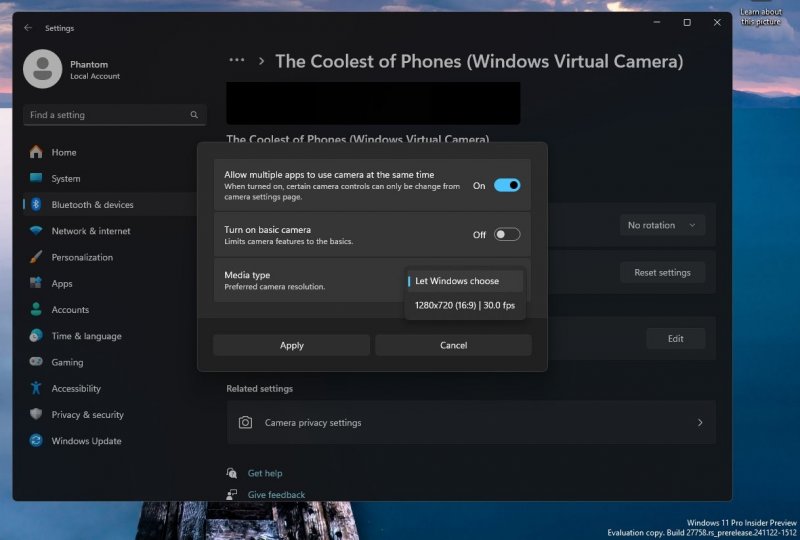Lo screenshot della finestra che dovrebbe permettere di cambiare risoluzione alle webcam