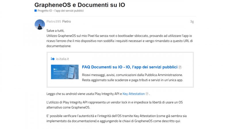Una delle segnalazioni che riguardano l'uso di IO su GrapheneOS