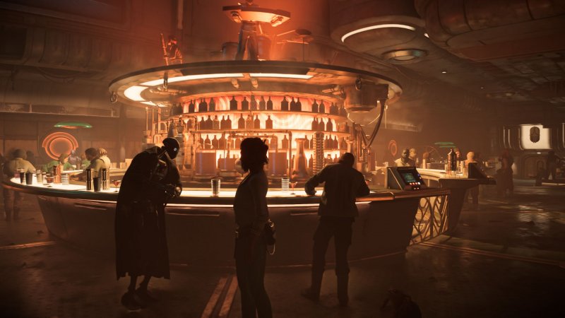 Kay e BD-5 presso il bar della stazione spaziale di Star Wars Outlaws: Wild Card