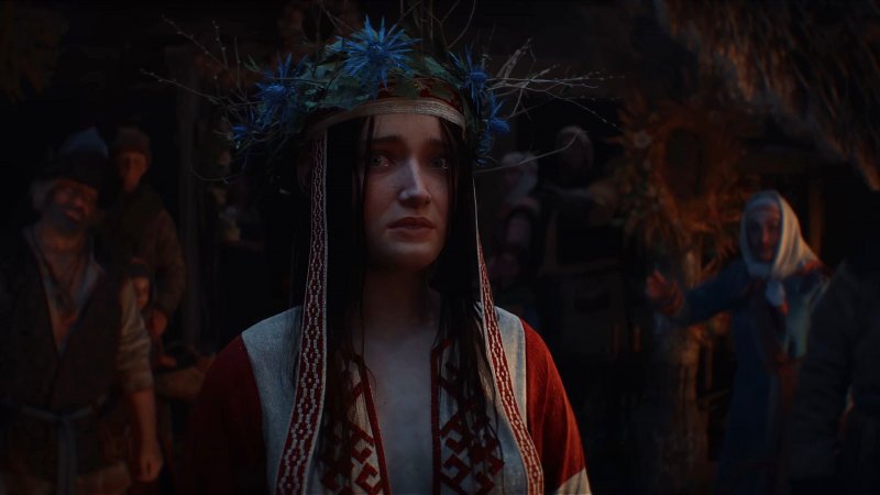 Una ragazza sta per essere sacrificata a un mostro in The Witcher: i fiori sulla testa servono per scacciare il male