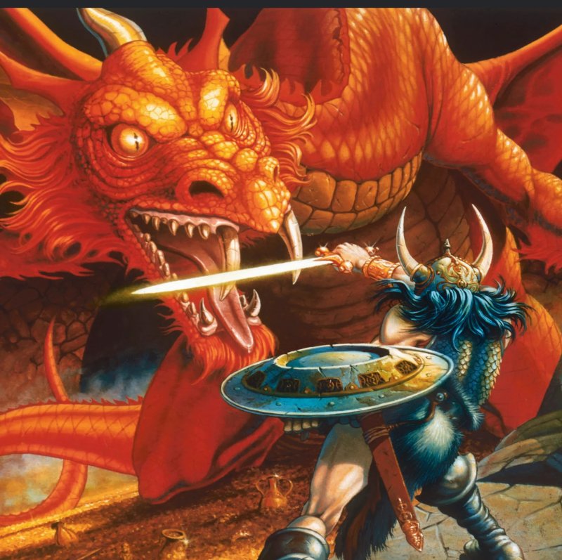 Un guerriero combatte contro un Drago Rosso.