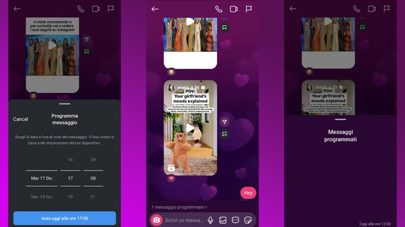 Le varie schermate relative alla programmazione di un DM su Instagram Le varie schermate relative alla programmazione di un DM su Instagram