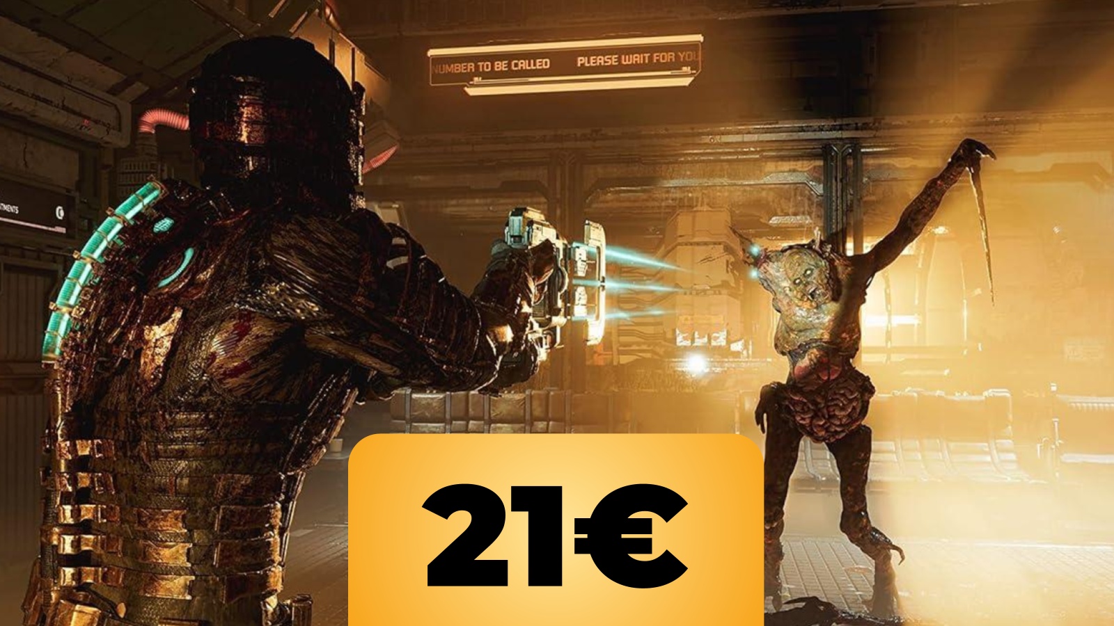 Isaac di Dead Space che mira contro un necromorfo e il prezzo del gioco su Amazon