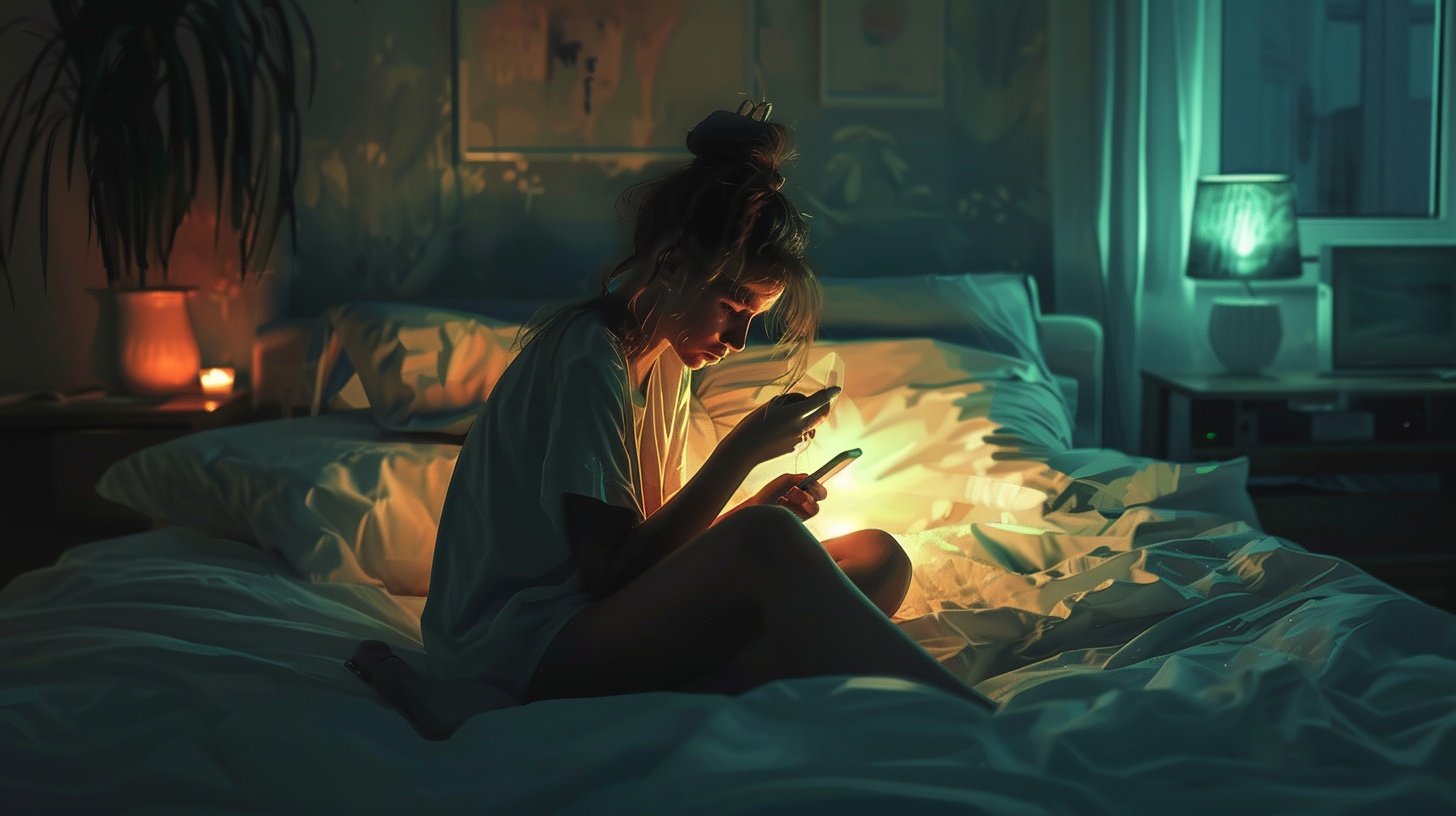Una ragazza gioca sul letto con il suo telefono