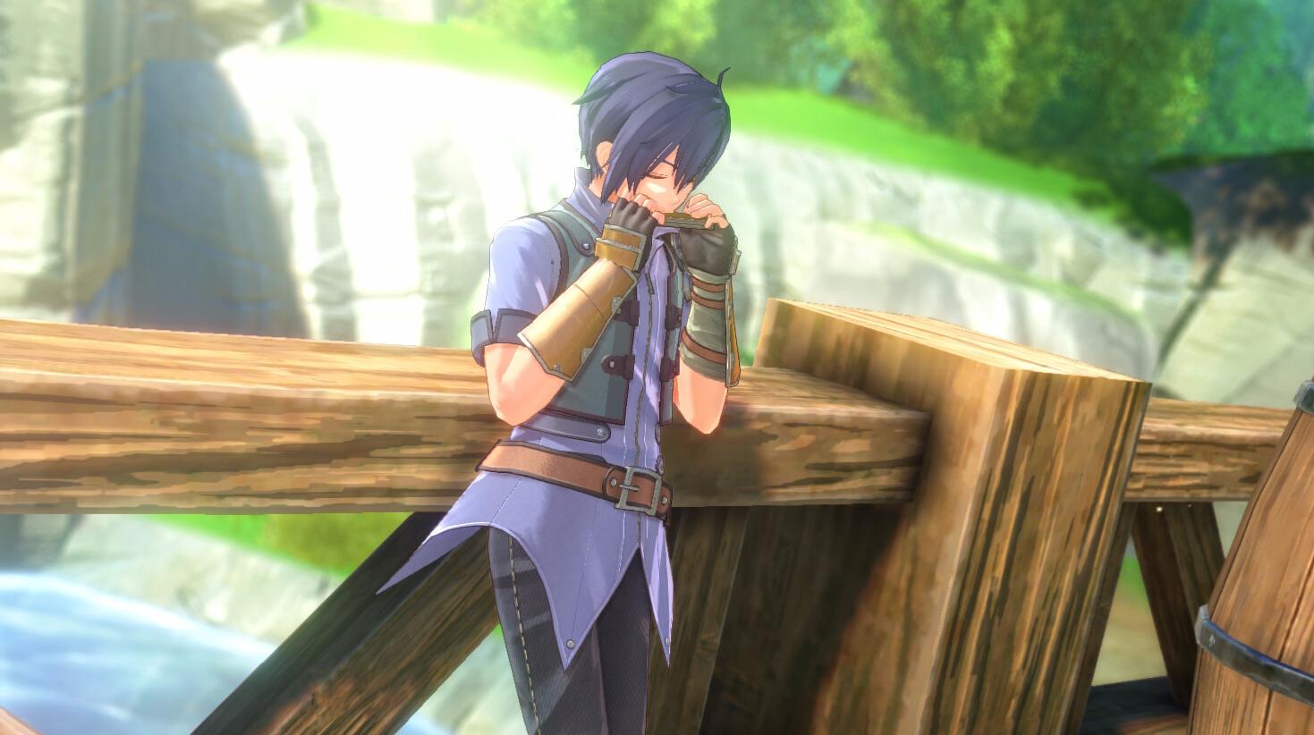 Un personaggio di Trails in the Sky 1st Chapter sopra un ponte che suona una armonica