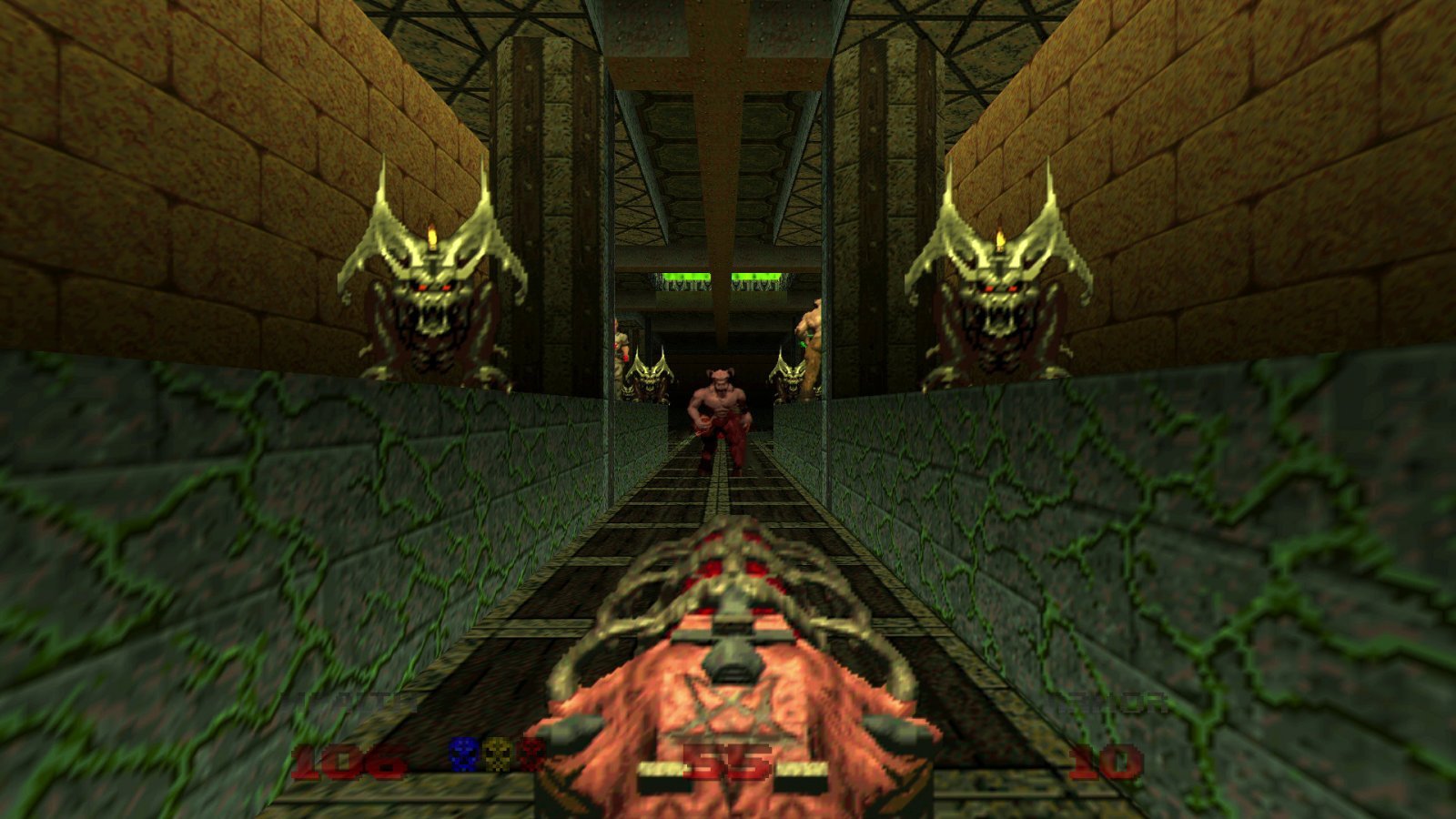 Demoni di DOOM 64 in un corridoio con un'arma da fuoco al centro