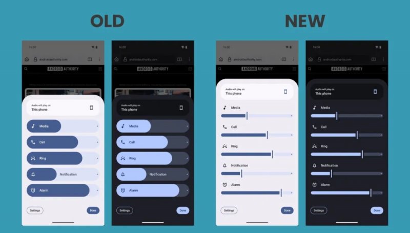 Slider del volume in Android 15 e Android 16 (Fonte: Android Authority) Slider del volume in Android 15 e Android 16 (Fonte: Android Authority)
