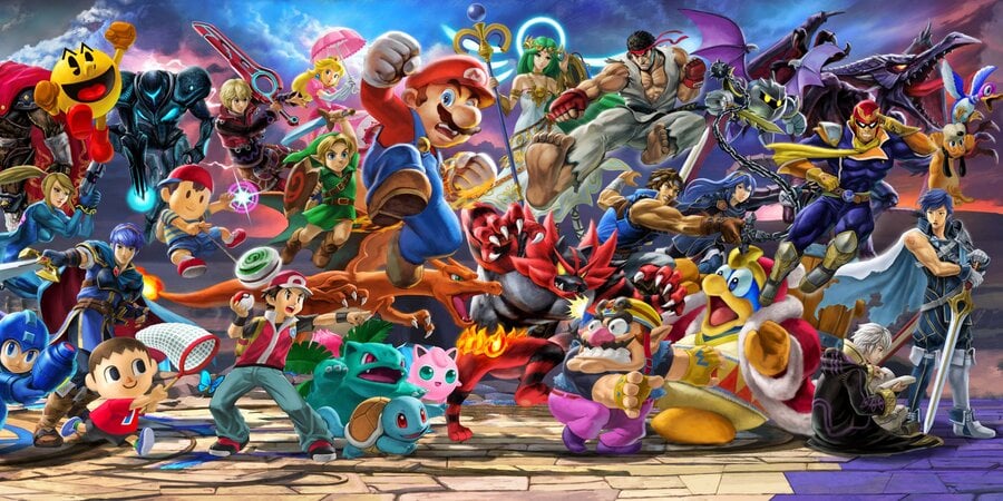 Tanti protagonisti delle IP Nintendo nell'illustrazione principale di Super Smash Bros. Ultimate