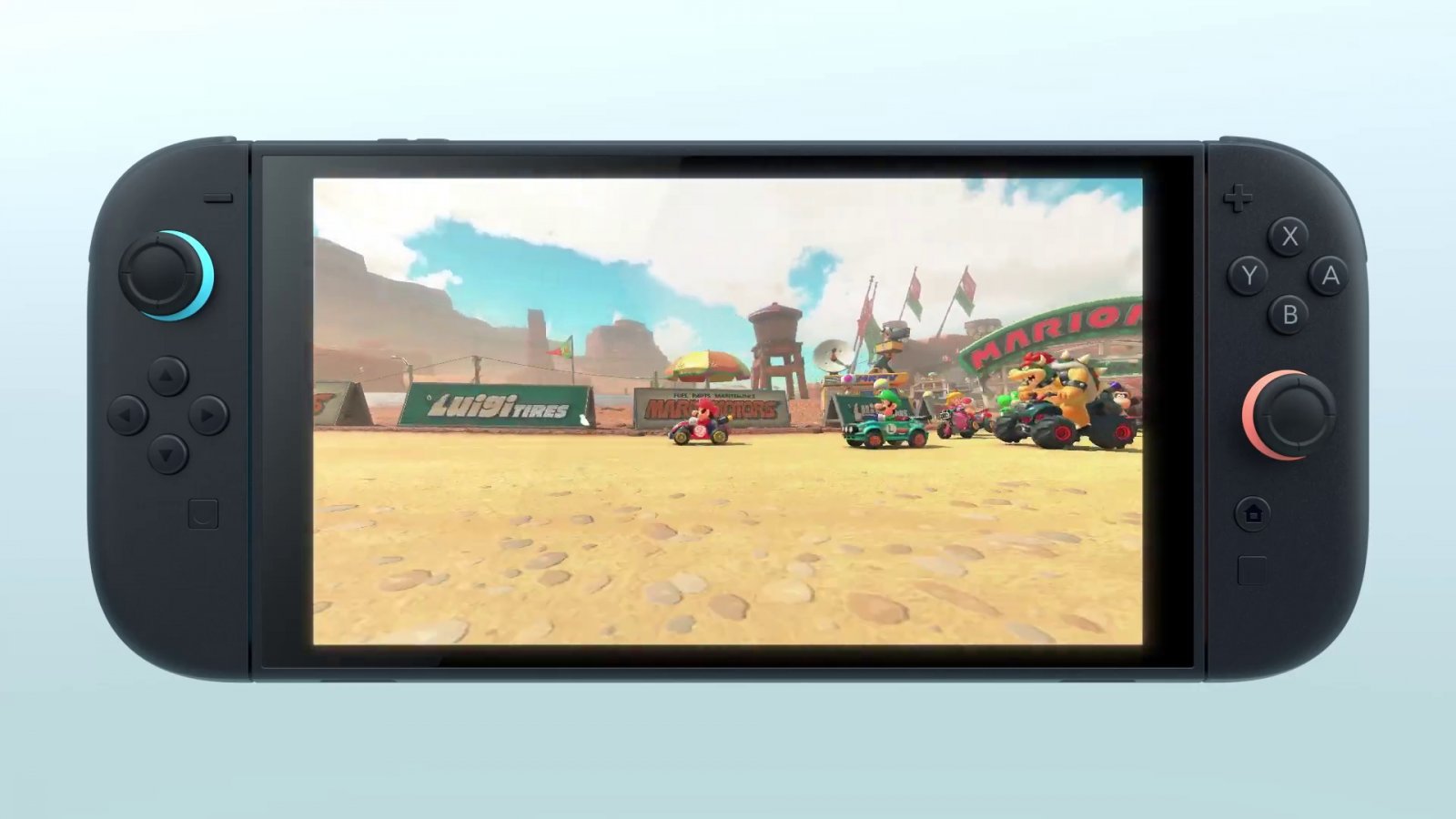 Nintendo Switch 2 con una scena del presunto Mario Kart 9