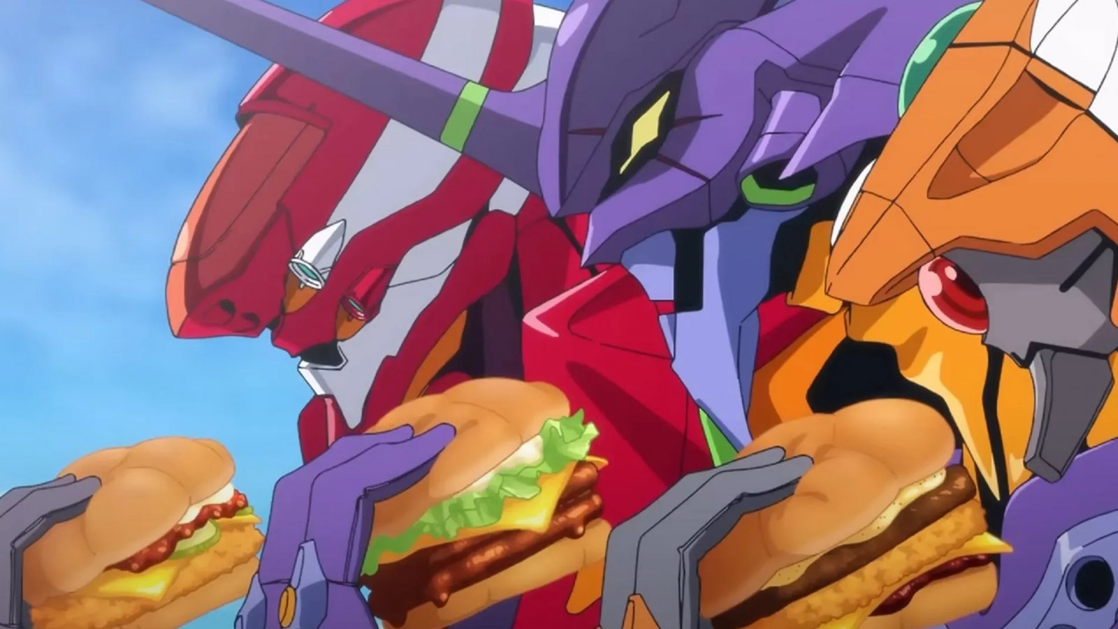 I mech di Neon Genesis Evangelion che mangiano dei panini del mcdonald