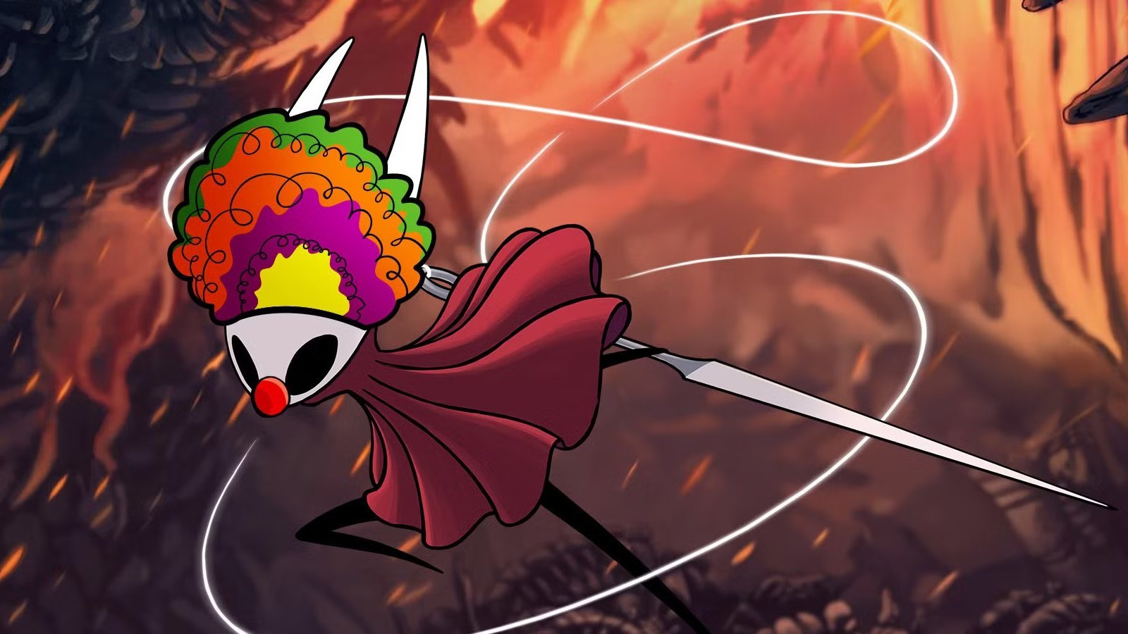 La protagonista di Hollow Knight Silksong con un trucco da clown