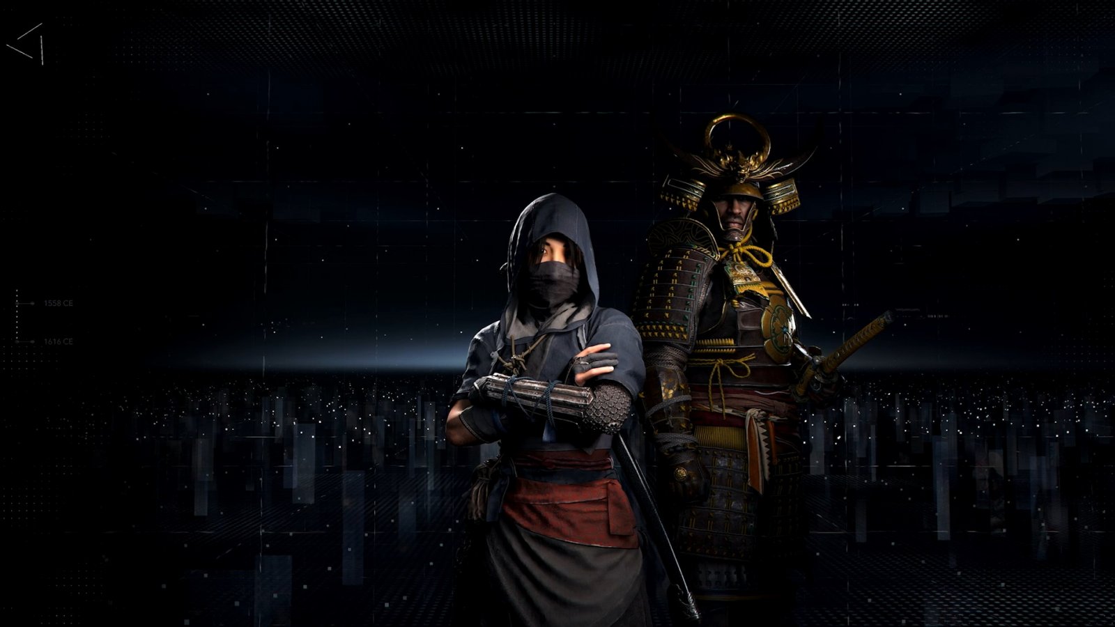 Naoe e Yasuke, i protagonisti di Assassin's Creed Shadows, nell'interfaccia dell'Animus Hub