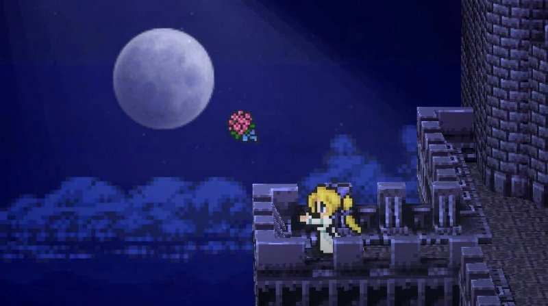 Un personaggio di Final Fantasy 6 che lancia un mazzo di fiori da un torrione di un castello durante una notte illuminata dalla luna Un personaggio di Final Fantasy 6 che lancia un mazzo di fiori da un torrione di un castello durante una notte illuminata dalla luna