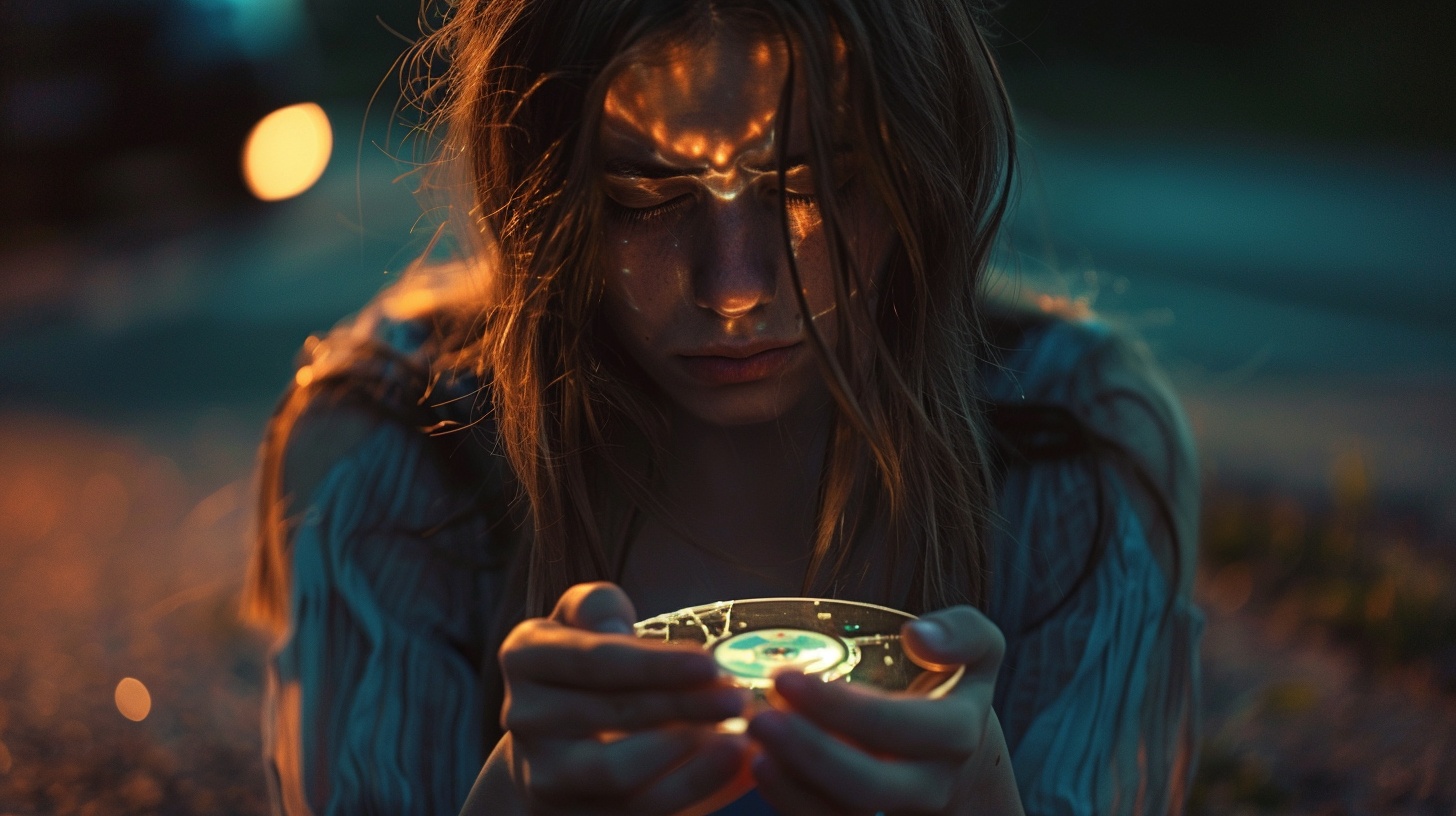 Una ragazza tiene in mano un Blu-Ray rotto