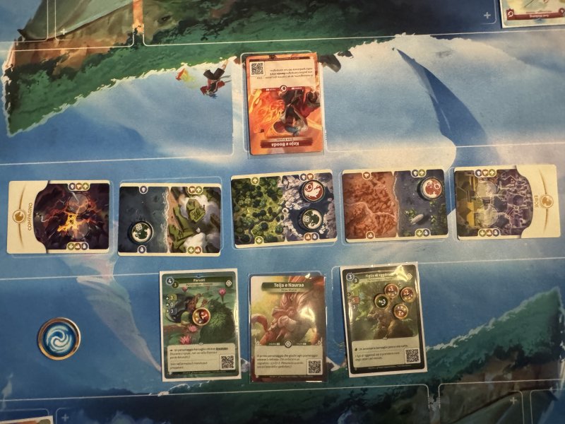La porzione superiore del campo da gioco di Altered: al centro il tracciato da far percorrere ai segnalino, subito sotto i due eroi protagonisti e ai loro lati le due spedizioni da conquistare La porzione superiore del campo da gioco di Altered: al centro il tracciato da far percorrere ai segnalino, subito sotto i due eroi protagonisti e ai loro lati le due spedizioni da conquistare
