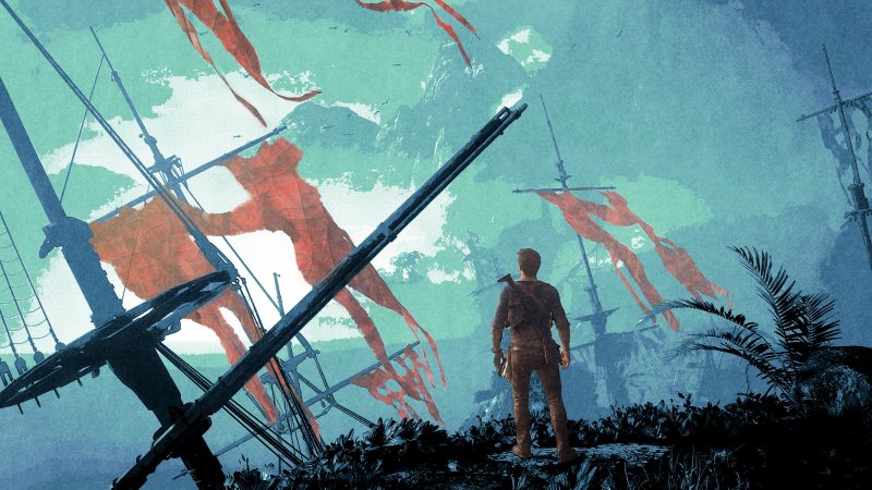 Nathan Drake davanti a un cimitero di navi pirata